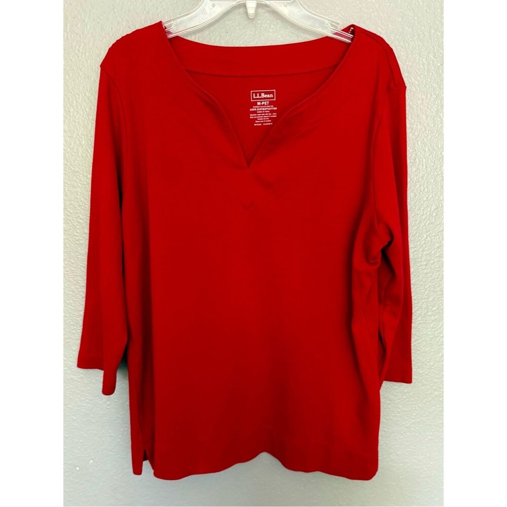 L.L. Bean Red Split Neck Top – 100% Supima Cotton – Size Medium Petite
